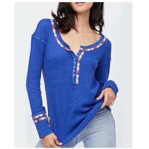 Free People We The Free Royal Blue Rainbow Embroidered Long Sleeve Henley Top